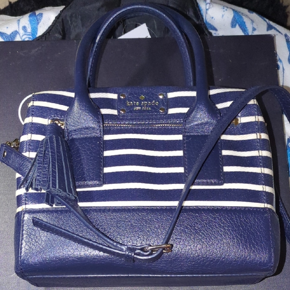 kate spade Navy and White Striped Leather Satchel with Tassel